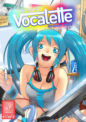  absurdres alternate_costume aqua_eyes aqua_hair breasts camisole cessa character_request check_character cleavage crop_top drawing_tablet female frills hatsune_miku headphones headphones_around_neck highres indoors long_hair medium_breasts pocari_sweat sidelocks solo twintails upper_body vocaloid 