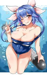  adjusting_clothes adjusting_swimsuit air_bubble aoi_renji blue_hair blue_one-piece_swimsuit breasts bubble covered_navel female hair_ornament hair_ribbon highres holding holding_torpedo i-19_(kancolle) kantai_collection large_breasts long_hair name_tag one-piece_swimsuit one_eye_closed red_eyes ribbon school_swimsuit skindentation solo sunlight swimsuit symbol-shaped_pupils torpedo tri_tails underwater water 