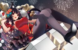  :o animal_ear_fluff animal_ears azur_lane balloon bell black_footwear black_hair black_legwear box breasts cat_ears cat_tail commentary_request dress dutch_angle female fireworks floral_print flower gift gift_box hair_flower hair_ornament heart_balloon high_heels highres jingle_bell large_breasts looking_at_viewer mismatched_eyebrows night oerba_yun_fang official_alternate_costume red_dress red_eyes short_hair sitting skin_fang sky solo tail tail_bell tail_ornament yamaha_tsui yamashiro_(azur_lane) yamashiro_(dressy_black_cat)_(azur_lane) 