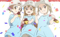  3girls :d backwards_hat baseball_cap blue_shirt brown_eyes brown_hair brown_shorts character_name chocolate commentary_request confetti grin happy_valentine hat hataraku_saibou highres joutarou long_hair looking_at_viewer multiple_girls open_mouth platelet_(hataraku_saibou) shirt short_hair short_shorts short_sleeves shorts smile valentine very_long_hair white_background white_headwear 