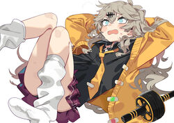  @_@ ab_roller bandaid bandaid_on_clothes blush cardigan exercising female gyaru hair_between_eyes head_steam jacket karei kasukabe_tsumugi knees_together_feet_apart legs_up long_hair loose_socks lying messy_hair mole mole_under_eye necktie on_back open_cardigan open_clothes open_mouth plaid plaid_skirt sit-up skirt socks solo sweat sweatdrop very_long_hair voicevox white_background yellow_cardigan yellow_jacket yellow_necktie 