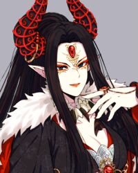  akasata black_hair blue_eyes breasts cleavage colored_eyelashes commentary female forehead_jewel fur_trim grey_background horn_ornament horn_ring horns jewelry large_breasts lipstick long_hair looking_at_viewer makeup nail_polish parted_lips pointy_ears red_nails simple_background smile solo thunderbolt_fantasy upper_body xing_hai 