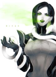  absurdres animification arm_snake bodysuit breasts character_name fangs female gas gloves highres maya_(sunset_9) medium_breasts name_connection object_namesake open_hand open_mouth parted_bangs short_hair snake solo spot_color upper_body v-shaped_eyebrows valorant viper_(valorant) 