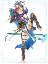  absurdres alternate_costume artist_name bare_shoulders black_gloves black_shorts black_thighhighs clear_glass_(mildmild1311) commentary_request dress elbow_gloves feet female fire_emblem fire_emblem_fates fire_emblem_heroes full_body gloves grey_eyes grey_hair hair_bun highres japanese_clothes kana_(female)_(fire_emblem) kana_(fire_emblem) katana kunai leg_up legs looking_at_viewer medium_hair ninja no_shoes one_eye_closed reverse_grip sheath sheathed shorts solo standing standing_on_one_leg sword thighhighs thighs toeless_legwear twitter_username weapon white_background white_dress 