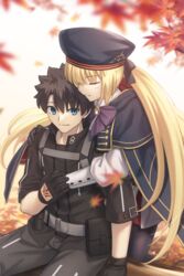  1boy artoria_caster_(fate) artoria_caster_(second_ascension)_(fate) artoria_pendragon_(fate) autumn autumn_leaves belt belt_bag beret black_gloves black_hair black_jacket black_pantyhose black_ribbon blonde_hair blue_belt blue_cloak blue_eyes blue_headwear blurry blurry_foreground blush bow chaldea_logo cloak closed_eyes closed_mouth collared_shirt command_spell commission falling_leaves fate/grand_order fate_(series) female fujimaru_ritsuka_(male) fujimaru_ritsuka_(male)_(polar_chaldea_uniform) gloves grey_belt grey_pants hat head_on_head head_rest highres holding_hands hug hug_from_behind jacket leaf long_sleeves maple_leaf md5_mismatch pants pantyhose parody pixiv_commission purple_bow ribbon shirt shoori_(migiha) short_hair skirt sleeves_past_elbows smile style_parody takeuchi_takashi_(style) teeth twintails white_shirt white_skirt 