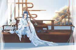  2boys animal_ears blue_eyes blue_hair cat_boy cat_ears censer chinese_clothes chinese_commentary closed_eyes cloud coat commentary_request curtains day flute hanfu highres incense_burner indian_style indoors instrument lattice long_sleeves luo_xiaohei luo_xiaohei_(human) luo_xiaohei_zhanji male_focus multiple_boys music playing_flute playing_instrument round_window sash shadow short_hair sitting smoke table teaching white_hair window wuxian_(the_legend_of_luoxiaohei) yanrumo yaopei 