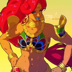  abs armor artist_name bangle bare_shoulders blue_lips bracelet breasts circle circlet commentary crop_top dark-skinned_female dark_skin earrings female gerudo gold_bracelet gold_circlet gold_earrings green_eyes hands_on_own_hips hoop_earrings jewelry long_hair looking_at_viewer makeup medium_breasts midriff muscular muscular_female navel neck_ring red_hair shoulder_armor smile solo swept_bangs tan the_art_mage the_legend_of_zelda the_legend_of_zelda:_breath_of_the_wild twitter_username upper_body urbosa very_long_hair wide_ponytail yellow_background 