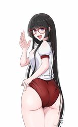  :d ass black_hair breasts buruma cowboy_shot female from_behind glasses gym_shirt gym_shorts gym_uniform highres long_hair looking_at_viewer looking_back original osage_gankyou purple_eyes red-framed_eyewear red_buruma shirt shorts simple_background smile solo standing white_background 