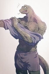  abs anthro beastars biceps bottomwear clothing emanata forked_tongue gosha_(beastars) green_body green_scales hi_res komodo_dragon lizard male mature_anthro mature_male monitor_lizard muscular muscular_anthro muscular_male open_mouth pecs reptile scales scalie sharp_teeth shirt shorts solo teeth tongue tongue_out topwear toro402 triceps undressing 