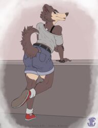  2021 5_fingers absurd_res anthro arm_support beastars belt black_bra black_clothing black_nose black_underwear blue_eyes bottomwear bra bra_strap brown_body brown_fur canid canine canis claws clothed clothing converse countershade_face countershade_legs countershading denim denim_bottomwear denim_clothing exposure_variation female finger_claws fingers footwear fully_clothed fur furgonomics grey_clothing grey_shirt grey_t-shirt grey_topwear hi_res holding_arm humanoid_hands jeans juno_(beastars) looking_at_viewer looking_back looking_back_at_viewer mammal midriff multicolored_body multicolored_fur off_shoulder on_one_leg pants pinup pose raised_leg raised_tail rear_view red_clothing red_footwear red_shoes red_sneakers shirt shoes shorts signature smile sneakers socks solo standing t-shirt taiarts tail tan_body tan_countershading tan_fur topwear two_tone_body two_tone_fur underwear white_clothing white_footwear white_socks wolf wristband 