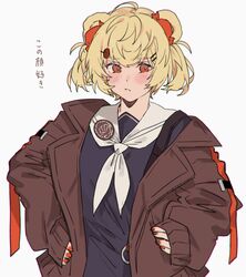  animal_ears aogisa arknights bad_id bad_twitter_id blonde_hair blush brown_jacket candy_hair_ornament closed_mouth female food-themed_hair_ornament gummy_(arknights) hair_ornament hair_ribbon hands_on_own_hips highres jacket looking_at_viewer medium_hair nail_polish open_clothes open_jacket red_eyes red_nails red_ribbon ribbon school_uniform solo white_background 