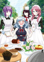  4girls apron arknights asparagus b.t._(boob_tong) blue_hair blue_poison_(arknights) boned_meat breasts cake closed_eyes commentary_request conservatory cup cupcake demon_horns drooling food fork frog_girl garden girls&#039;_frontline gloves greenhouse hibiscus_(arknights) highres horns ketchup knife korean_commentary maid maid_apron maid_headdress meat medium_breasts multiple_girls mustard omelet omurice pasta pink_hair plate purple_hair sauce shotgun_shell soup spaghetti spas-12_(girls&#039;_frontline) spoon steak teacup teapot tray tree wa2000_(girls&#039;_frontline) 