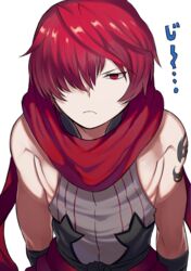  1boy fate/grand_order fate_(series) fuuma_kotarou_(fate) hair_over_one_eye highres leaning_forward male_focus red_eyes red_hair red_scarf scarf shoulder_tattoo sleeveless staring tattoo tetsu_(teppei) 