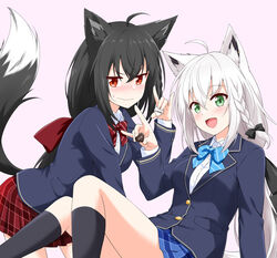  2girls ahoge animal_ear_fluff animal_ears black_hair black_ribbon black_socks blazer blue_bow blue_bowtie blue_jacket blue_skirt blush bow bowtie braid candy chocolate collared_shirt commentary_request felutiahime food fox_ears fox_girl fox_shadow_puppet fox_tail green_eyes hair_between_eyes hair_ribbon heart heart-shaped_chocolate highres holding holding_chocolate holding_food hololive jacket kurokami_fubuki long_hair looking_at_viewer multiple_girls oerba_yun_fang open_mouth pink_background plaid plaid_skirt red_bow red_bowtie red_eyes red_ribbon red_skirt ribbon shirakami_fubuki shirt sidelocks simple_background single_braid skirt socks sweatdrop tail virtual_youtuber wavy_mouth white_hair white_shirt 