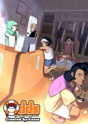  1boy 4girls absurdres artist_name arung_samudra_(cessa) black_hair blonde_hair canine cessa character_request copyright_name dark-skinned_female dark-skinned_male dark_skin highres indoors looking_at_viewer multiple_girls ombok_diving_and_delivery_services pink_footwear sandals shadow smile white_footwear 