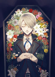  1boy baby&#039;s-breath black_jacket black_vest blue_nails blue_ribbon chrysanthemum closed_eyes coffin collared_shirt dahlia daisy flower grey_hair hair_over_one_eye jacket kurosujuu lily_(flower) lying male_focus neck_ribbon noel_(sound_horizon) on_back orange_flower own_hands_together pink_flower ranunculus red_flower red_rose ribbon rose shirt short_hair solo sound_horizon upper_body vest white_flower white_lily white_shirt yellow_flower 