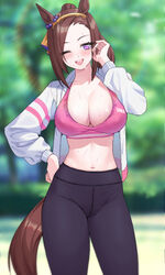  acaa adjusting_hair alternate_breast_size animal_ears arm_up breasts brown_hair cleavage commentary eyebrows_hidden_by_hair female highres horse_ears horse_girl horse_tail large_breasts long_hair looking_at_viewer one_eye_closed open_mouth outdoors pants pink_sports_bra purple_eyes sakura_bakushin_o_(umamusume) smile solo sports_bra sportswear stained_clothes sweat sweat_stain sweaty_clothes tail umamusume yoga_pants 