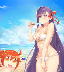  2girls absurdres ahoge bb_(fate) bb_(fate/extra) beach bikini blue_sky breasts chinese_commentary cleavage cloud commentary cowboy_shot day fate/grand_order fate_(series) food front-tie_top fujimaru_ritsuka_(female) highres long_hair medium_breasts multiple_girls one_side_up orange_eyes orange_hair outdoors popsicle purple_eyes purple_hair red_ribbon ribbon riyo_(lyomsnpmp)_(style) saint_quartz_(fate) sky solo_focus swimsuit white_bikini xiao_miao 