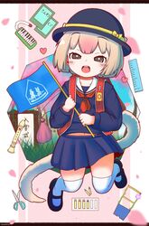  :d anteater_tail backpack bad_id bad_pixiv_id bag black_eyes blonde_hair blue_skirt bob_cut cherry_blossoms commentary crayon crime_prevention_buzzer female flag flute full_body gradient_hair grass hat heart highres instrument kemono_friends keyboard_(instrument) looking_at_viewer mary_janes melodica multicolored_hair open_mouth petals pink_hair rakugakiraid randoseru recorder sailor_collar school_uniform scissors shoes short_hair silky_anteater_(kemono_friends) simple_background skirt smile solo tail thighhighs white_thighhighs 