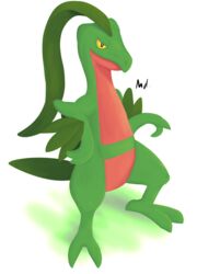  absurd_res claws feral generation_3_pokemon green_body green_skin grovyle hi_res leaf leaf_tail male nintendo pokemon pokemon_(species) reptile scalie simple_background smile solo tail white_background yellow_eyes yellow_sclera youmadsin 