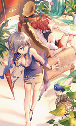  2girls armchair bad_id bad_pixiv_id bare_legs bare_shoulders bird birdcage blue_eyes blue_hair breasts cage chair cleavage closed_umbrella commentary_request crossed_legs day dubian_xiang folding_fan from_above fu_hua fu_hua_(blue_swallow) fu_hua_(valkyrie_accipiter) grey_hair hair_between_eyes hair_ornament hairclip hand_fan highres holding holding_fan holding_umbrella honkai_(series) honkai_impact_3rd indoors jpeg_artifacts long_hair low-tied_long_hair low_ponytail medium_breasts multiple_girls murata_himeko murata_himeko_(vermillion_knight) murata_himeko_(vernal_brocade) official_alternate_costume oil-paper_umbrella peacock phonograph plant ponytail red_hair side_slit sitting smile umbrella very_long_hair yellow_eyes 