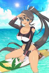  beach bikini black_hair blue_eyes blush breasts cleavage curvy dark_skin female female homura_(senran_kagura) large_breasts long_hair looking_at_viewer navel open_mouth ponytail senran_kagura shiny shiny_skin sitting sky smile solo surfer swimsuit thighs very_long_hair water 