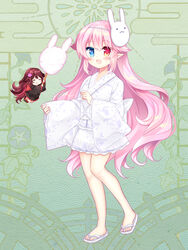  2girls :d black_kimono blue_eyes blush brown_hair commentary_request copyright_request egasumi full_body hair_between_eyes hair_flaps heterochromia highres japanese_clothes kimono long_hair long_sleeves mask mask_on_head mini_person minigirl multiple_girls obi official_art pinching_sleeves pink_hair pointy_ears rabbit_mask red_eyes sandals sash shikito_(yawa0w0) short_kimono smile standing very_long_hair white_footwear white_kimono wide_sleeves zouri 