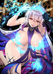  bare_shoulders blue_fire blue_hair blush body_markings bracelet breasts earrings fate/grand_order fate_(series) female fire flower hair_flower hair_ornament hair_ribbon highres jewelry kama_(fate) kama_(swimsuit_avenger)_(fate) kama_(swimsuit_avenger)_(third_ascension)_(fate) large_breasts long_hair looking_at_viewer lotus multicolored_hair navel open_mouth red_eyes revealing_clothes ribbon smile solo star_(symbol) star_earrings thighs two-tone_hair white_hair youshuu 