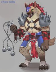  4_fingers 4_toes abs adra_(artist) anthro areola arm_tuft armband armor belt biceps big_claws big_muscles biped black_nose bodily_fluids body_hair bottomwear bracelet brown_body brown_face brown_fur brown_hands brown_legs chest_tuft claws clothed clothed_anthro clothed_male clothing collar countershade_fur countershade_legs countershade_torso countershading digitigrade dripping drooling elbow_tuft fangs feet finger_claws fingers frown fur gnoll green_background grey_body hair hi_res holding_melee_weapon holding_object holding_weapon hyena jewelry loincloth loincloth_only long_claws looking_aside male mammal mane markings melee_weapon mohawk muscular muscular_anthro muscular_male notched_ear pauldron pecs red_bottomwear red_clothing red_hair red_loincloth rope saliva sharp_teeth simple_background solo spiked_collar spiked_pauldron spikes spots spotted_body spotted_fur spotted_hyena standing tan_body tan_fur teeth toe_claws toes tongue topless topless_anthro topless_male tuft underbite waist_accessory weapon white_background 