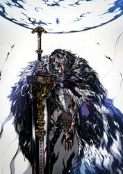  1boy absurdres armor blaidd_the_half-wolf blood blood_on_clothes blood_on_face cloak elden_ring female fur_cloak fur_trim greatsword highres holding holding_sword holding_weapon huge_weapon kubaushi looking_at_viewer male_focus planted planted_sword ranni_the_witch sword weapon white_background wolf_boy 