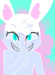  2021 ambiguous_gender anthro digital_media_(artwork) evil_grin fur grin head_tuft hi_res hydrabb lagomorph leporid lineless looking_at_viewer mammal pawpads pink_pawpads pupils rabbit sharp_teeth simple_background slit_pupils smile solo teeth tuft white_body white_fur 