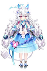  absurdres bare_shoulders black_gloves blue_footwear blue_gloves blue_skirt blush closed_mouth commentary_request crescent elbow_gloves female full_body gloves gradient_gloves hair_between_eyes halo headgear heart highres long_hair looking_at_viewer maid_headdress navel official_art padko power_symbol red_eyes see-through shiodome_oji shirt shoes simple_background skirt sleeveless sleeveless_shirt smile solo square_live standing tail very_long_hair virtual_youtuber white_background white_hair white_shirt wi-fi_symbol 