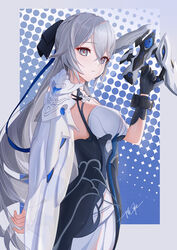  absurdres bare_shoulders black_dress black_gloves border breasts bronya_zaychik bronya_zaychik_(silverwing:_n-ex) closed_mouth dress drill_hair female gloves grey_border grey_eyes grey_hair gun hair_ornament highres holding holding_gun holding_weapon honkai_(series) honkai_impact_3rd long_hair looking_at_viewer ooo_wange signature single_glove solo twin_drills weapon 