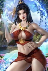  artist_name avatar_legends ayya_sap azula bikini black_hair black_nails brown_eyes day electricity female hair_bun hand_on_own_hip highres lightning lipstick long_hair looking_at_viewer makeup navel outdoors patreon_username single_hair_bun solo source_request standing swimsuit watermark web_address 