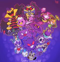  absurdres cofagrigus commentary dreepy drifloon duskull english_text froslass gengar giratina giratina_(altered) grin haunter highres hoopa hoopa_(confined) litwick mimikyu mismagius no_humans oricorio oricorio_(sensu) pokemon pokemon_(creature) polteageist red_eyes rotom rotom_(mow) sableye sandygast sharp_teeth signature smile symbol-only_commentary teeth trait_connection vitreous_glassy yellow_eyes 