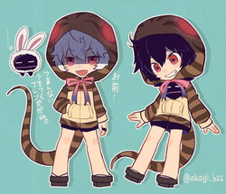  ... 2boys animal_costume animal_ears aqua_background arm_at_side arms_at_sides black_hair black_shorts blue_ribbon chibi cosplay creature dual_persona full_body geta gradient_bow gradient_clothes gradient_ribbon grin hair_between_eyes hand_in_pocket hood hood_up hoodie inumaru_akagi jewelry kuga_yuuma legs_apart lizard_tail long_sleeves looking_at_another looking_at_viewer looking_away looking_down male_focus multiple_boys neck_ribbon pink_ribbon rabbit_costume rabbit_ears red_eyes replica_(world_trigger) ribbon ring shaded_face shared_clothes short_hair shorts simple_background smile standing striped_clothes striped_hoodie tail tsuchinoko_(kemono_friends) tsuchinoko_(kemono_friends)_(cosplay) twitter_username white_hair world_trigger 