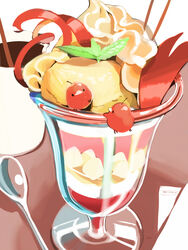  apple bird chai_(drawingchisanne) commentary_request food food_focus fruit ice_cream looking_at_another mint no_humans original parfait spoon sweets_bird table whipped_cream 