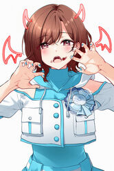  :o blush brown_hair claw_pose clothing_cutout demon_horns demon_wings fangs female hands_up highres higuchi_madoka horns idol idolmaster idolmaster_shiny_colors looking_at_viewer mole mole_under_eye nail_polish nonbire red_eyes shoulder_cutout simple_background solo two-tone_shirt two-tone_skirt upper_body white_background wings 