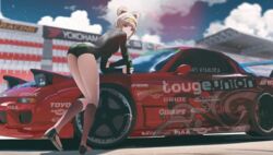  ass bad_link bodysuit breasts car cloud cloudy_sky commission dgkamikaze double_bun female full_body girls&#039;_frontline gun hair_bun highres kneehighs leaning_against_vehicle leotard light_brown_hair looking_at_viewer looking_back mazda mazda_rx-7 mazda_rx-7_fd medium_breasts motor_vehicle need_for_speed need_for_speed:_prostreet outdoors p90_(girls&#039;_frontline) pop-up_headlights race_queen racing red_eyes second-party_source sky socks solo sports_car sunglasses vehicle_focus weapon 