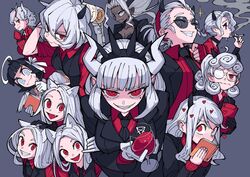  6+girls animal_ears azazel_(helltaker) beelzebub_(helltaker) black_hair black_horns black_necktie book breasts cerberus_(helltaker) cigarette cleavage commentary_request dark-skinned_female dark_skin demon_girl demon_horns dog_ears everyone formal gloves grey_background grin hair_ribbon halo heart heart-shaped_pupils helltaker highres holding holding_book horns judgement_(helltaker) justice_(helltaker) kaneni long_hair long_sleeves lucifer_(helltaker) malina_(helltaker) modeus_(helltaker) mole mole_under_eye multiple_girls necktie oerba_yun_fang open_mouth pandemonica_(helltaker) partially_opaque_sunglasses piercing red_eyes red_gloves red_shirt ribbon shaded_face shirt short_hair simple_background smile smoke smoking suit sunglasses sweat symbol-shaped_pupils waistcoat white_eyes white_hair white_horns zdrada_(helltaker) 