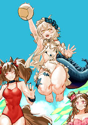  3girls absurdres angelina_(arknights) angelina_(summer_flower)_(arknights) animal_ears arknights barefoot bikini black_collar blue_sky breasts brown_hair collar commentary_request crocodilian_tail curled_horns eyjafjalla_(arknights) eyjafjalla_(summer_flower)_(arknights) flower fox_ears fox_girl hair_flower hair_ornament highres horns infection_monitor_(arknights) large_tail medium_breasts multiple_girls off-shoulder_bikini off_shoulder one-piece_swimsuit orange_eyes palms pink_bikini pink_eyes plaid plaid_bikini pointy_ears red_eyes red_one-piece_swimsuit renxzd sheep_ears sheep_girl sheep_horns sky swimsuit tail tomimi_(arknights) tomimi_(silent_night)_(arknights) twintails volleyball waist_cutout white_flower white_one-piece_swimsuit 