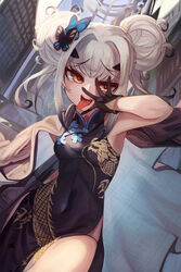  bare_shoulders black_dress black_gloves blue_archive breasts butterfly_hair_ornament china_dress chinese_clothes coat coat_on_shoulders commission cosplay covered_navel dragon_print dress fate/grand_order fate_(series) female forked_eyebrows gloves grey_coat hair_ornament half_gloves halo highres kisaki_(blue_archive) kisaki_(blue_archive)_(cosplay) long_hair long_sleeves looking_at_viewer m0_chi melusine_(fate) open_mouth pelvic_curtain pinstripe_pattern pixiv_commission short_dress side_slit sidelocks small_breasts smile solo striped striped_coat thighs tongue tongue_out vertical-striped_coat white_hair yellow_eyes 