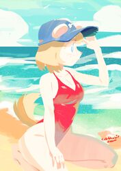  2020 anthro baseball_cap beach blonde_hair blue_eyes breasts canid canine canis cleavage clothed clothing colo domestic_dog female freckles hair hat headgear headwear hi_res kneeling mammal one-piece_swimsuit sea seaside solo swimwear water 