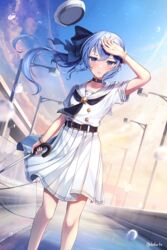  absurdres arm_up belt black_belt black_choker black_neckerchief blue_eyes blue_hair blue_ribbon blush bracelet choker commentary day dvdarts feet_out_of_frame female floating_hair hair_between_eyes hair_ribbon highres holding holding_umbrella hololive hoshimachi_suisei hoshimachi_suisei_(school_uniform) jewelry lamppost long_hair looking_at_viewer medium_skirt neckerchief official_alternate_costume outdoors parted_lips pleated_skirt ribbon sailor_collar school_uniform serafuku shirt short_sleeves side_ponytail skirt sky solo standing star_(symbol) star_in_eye sweat symbol_in_eye traffic_barrier transparent transparent_umbrella umbrella virtual_youtuber white_sailor_collar white_shirt white_skirt 