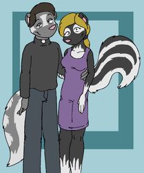  blonde_hair bottomwear brown_hair clothing denim denim_bottomwear denim_clothing dress female hair jeans male male/female mammal mephitid pants parent_(lore) skunk tabbiewolf 