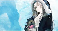  1other anastasia_(fate) animal_hood blue_eyes coat doll fate/grand_order fate_(series) female fur-trimmed_coat fur_trim grey_hair hair_over_one_eye highres hood ice smile sweater viy_(fate) winter_clothes winter_coat yorurokujuu 