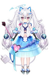  absurdres bare_shoulders bell bespectacled black-framed_eyewear black_gloves blue_footwear blue_gloves blue_skirt blush closed_mouth commentary_request crescent elbow_gloves female glasses gloves gradient_gloves hair_between_eyes halo headgear heart highres jingle_bell long_hair looking_at_viewer maid_headdress navel official_art padko power_symbol red_eyes see-through semi-rimless_eyewear shiodome_oji shirt shoes simple_background skirt sleeveless sleeveless_shirt smile solo square_live standing tail twintails under-rim_eyewear very_long_hair virtual_youtuber white_background white_hair white_shirt wi-fi_symbol 