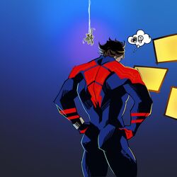  1boy ass back back_focus blue_bodysuit bodysuit facing_away feet_out_of_frame from_behind hands_on_own_hips highres korean_commentary male_focus marvel meme miguel_o&#039;hara mistletoe muscular muscular_male print_bodysuit red_bodysuit solo spider-man:_across_the_spider-verse spider-man_(2099) spider-man_(series) spider-verse squiggle standing thighs thought_bubble two-tone_bodysuit volflamm 