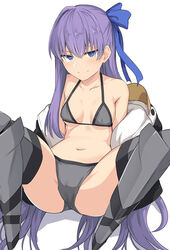  animal_hood armored_boots ass bare_shoulders bikini black_bikini blue_eyes blue_ribbon boots breasts cameltoe collarbone covered_nipples fate/grand_order fate_(series) female hair_between_eyes hair_ribbon hood long_hair long_sleeves looking_at_viewer medium_breasts meltryllis_(fate) meltryllis_(swimsuit_lancer)_(fate) meltryllis_(swimsuit_lancer)_(first_ascension)_(fate) navel penguin_hood purple_hair ribbon shiseki_hirame simple_background sleeves_past_fingers sleeves_past_wrists solo swimsuit thigh_boots thighhighs very_long_hair white_background 