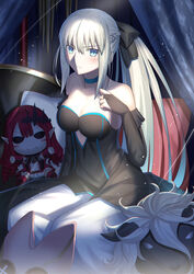  baobhan_sith_(fate) bare_shoulders black_bow black_dress blue_eyes blush bow braid breasts bridal_gauntlets cleavage collarbone detached_sleeves dress fate/grand_order fate_(series) female grey_hair habetrot_(fate) hairbow half_up_braid highres large_breasts long_hair looking_at_viewer mishiro_(ixtlolton) morgan_le_fay_(fate) parody ponytail sidelocks solo stuffed_toy style_parody takeuchi_takashi_(style) thighs two-tone_dress very_long_hair white_dress woodwose_(fate) 